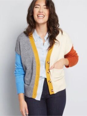 ModCloth Dreamers Colorblock Cardigan Size XL Blue Cream Gray Orange Grandpa